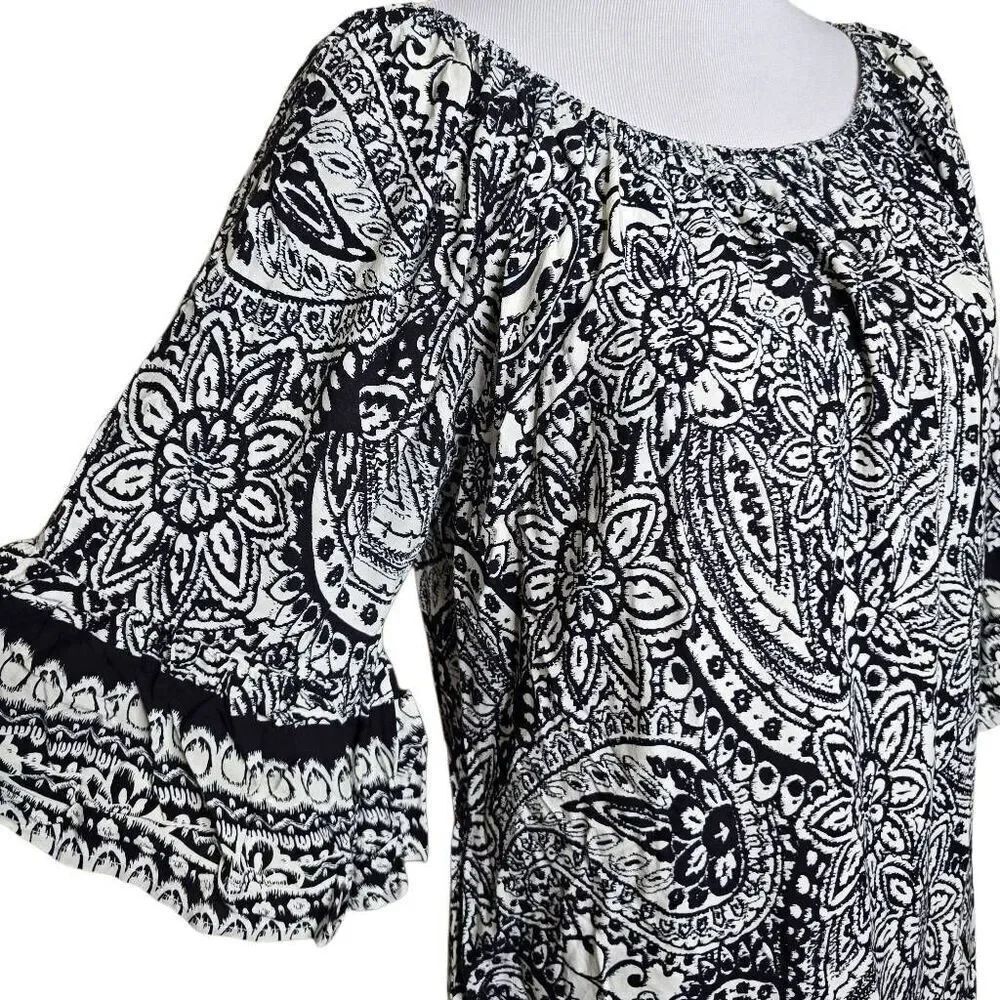 Umgee Boho Paisley Print Shift Dress Bell Sleeve Pocket Black White Size M